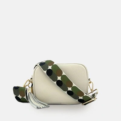 Shop Apatchy London Stone Leather Crossbody Bag With Khaki Pills Strap In White