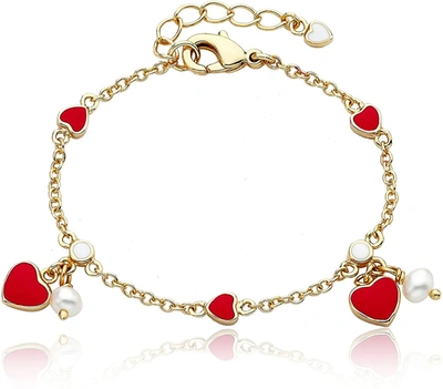 Shop Rachel Glauber Rg 14k Yellow Gold Plated With Red Enamel Heart & Pearl Dangle Charm Bracelet In Pink