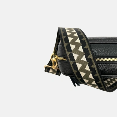 Shop Apatchy London Black Leather Crossbody Bag With Olive & Black Zigzag Strap