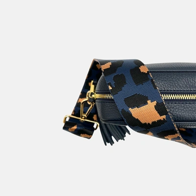 Apatchy London Navy Leather Crossbody Bag With Grey Leopard Strap In Blue