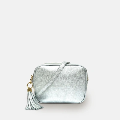 Apatchy London Silver Leather Crossbody Bag With Black & Silver Chevron Strap In Silver