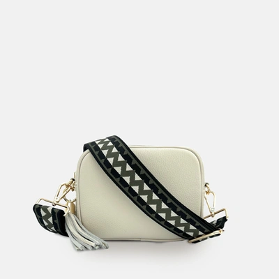 Shop Apatchy London Stone Leather Crossbody Bag With Olive & Black Zigzag Strap In White