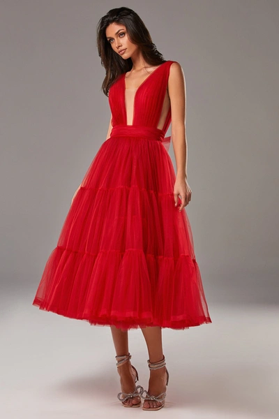 Milla Red Tender Midi Plunging Neckline Cut Out Dress In Red