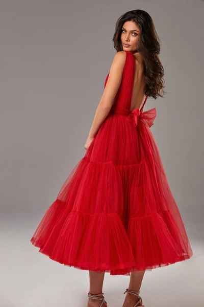 Milla Red Tender Midi Plunging Neckline Cut Out Dress In Red