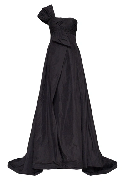 Milla Black Taffeta Evening Gown With A High Slit And One-shoulder Wrap Top In Black