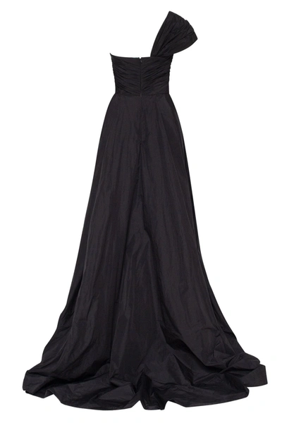 Milla Black Taffeta Evening Gown With A High Slit And One-shoulder Wrap Top In Black