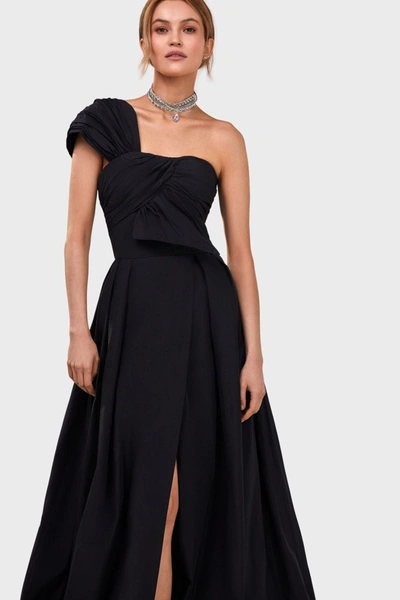 Milla Black Taffeta Evening Gown With A High Slit And One-shoulder Wrap Top In Black