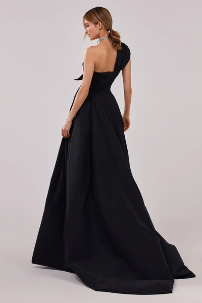 Milla Black Taffeta Evening Gown With A High Slit And One-shoulder Wrap Top In Black