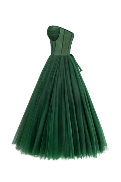Milla Emerald Green Strapless Puffy Midi Tulle Dress