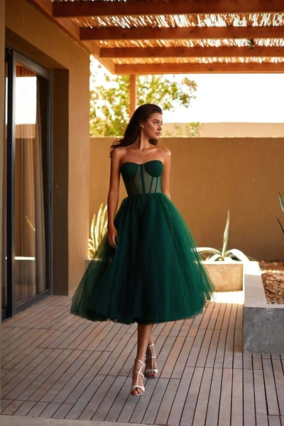 Milla Emerald Green Strapless Puffy Midi Tulle Dress