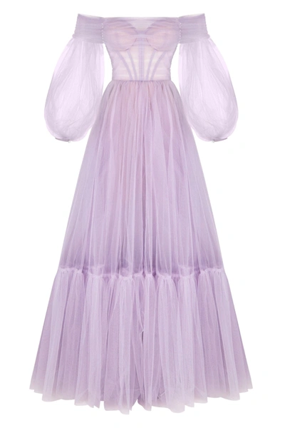 Milla Lavender Sheer Sleeves Maxi Tulle Dress In Lavender