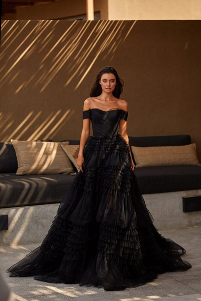 Milla Black Off-the-shoulder Frill-layered Gown In Black