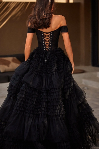 Milla Black Off-the-shoulder Frill-layered Gown In Black