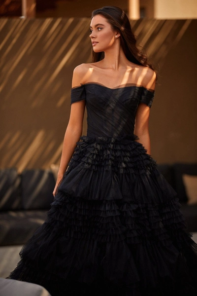 Shop Milla Black Off-the-shoulder Frill-layered Gown