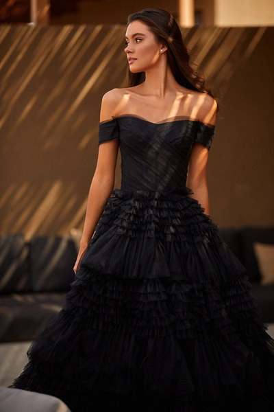 Milla Black Off-the-shoulder Frill-layered Gown In Black