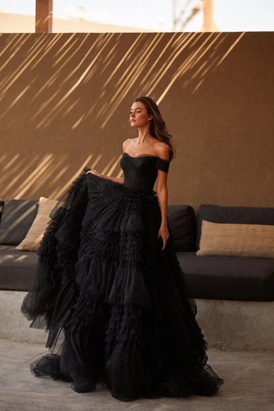 Milla Black Off-the-shoulder Frill-layered Gown In Black