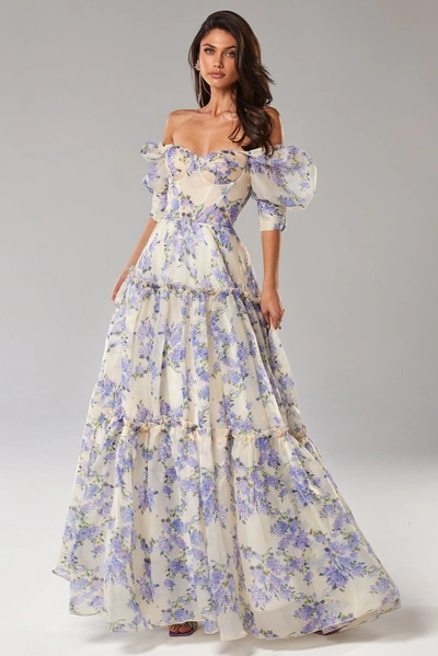 Milla Hydrangea Feminine Voluminous Sheer Sleeves Dress In Hydrangea