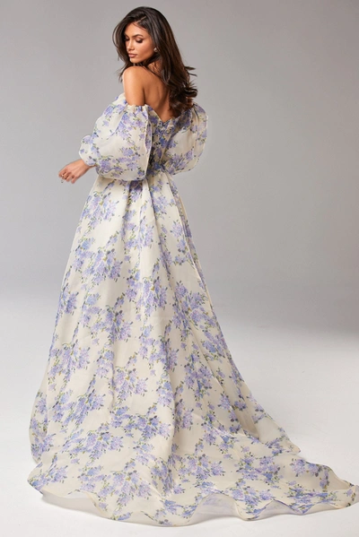 Milla Hydrangea Feminine Voluminous Sheer Sleeves Dress In Hydrangea