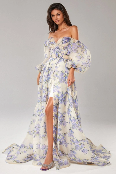 Milla Hydrangea Feminine Voluminous Sheer Sleeves Dress In Hydrangea