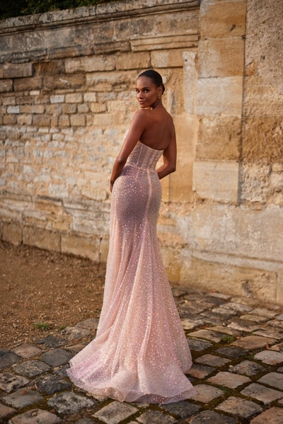 Milla Entrance-worthy Semi-transparent Rose Gold Maxi Sequined Dress In Golden Rose