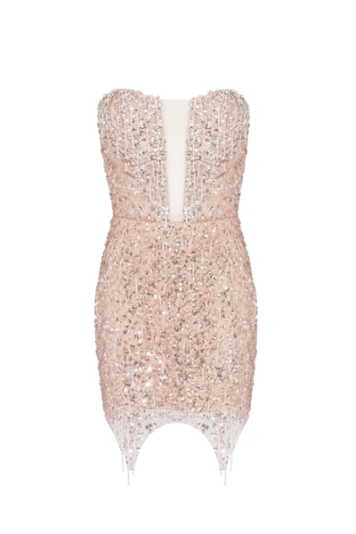 Milla Radiant Mini Dress In Gold With A Plunging Neckline In Golden Rose