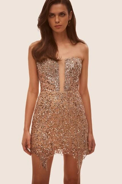 Milla Radiant Mini Dress In Gold With A Plunging Neckline In Golden Rose