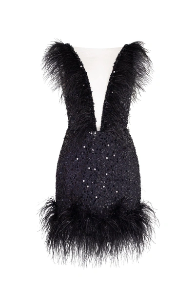 Shop Milla Dramatic Cocktail Dress On Straps Decorated With Sequins And Feathers In Black