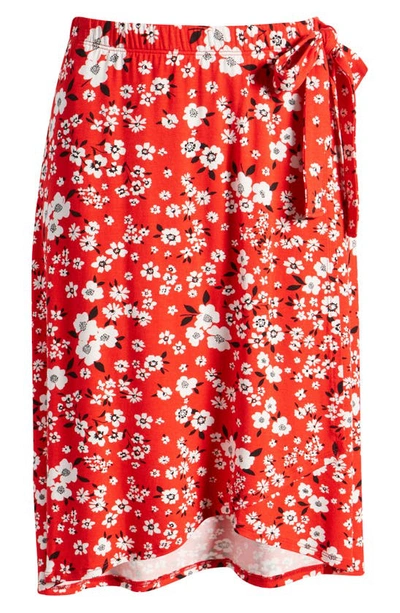 Shop Loveappella Floral Print Faux Wrap Skirt In Red