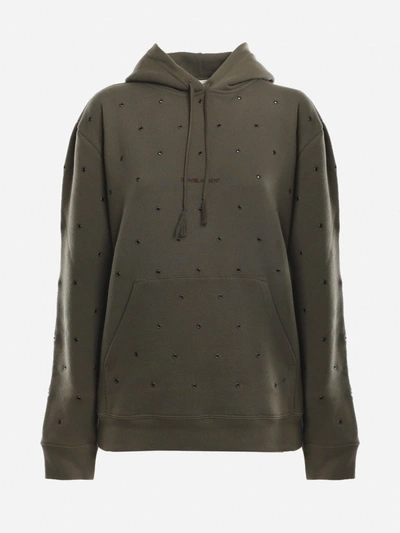 Shop Saint Laurent Cotton Sweatshirt With All-over Eyelets In Green