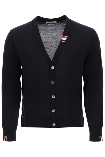 Shop Thom Browne Cardigan With Tricolor Details In Blue