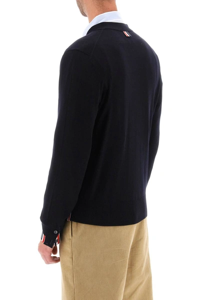 Shop Thom Browne Cardigan With Tricolor Details In Blue