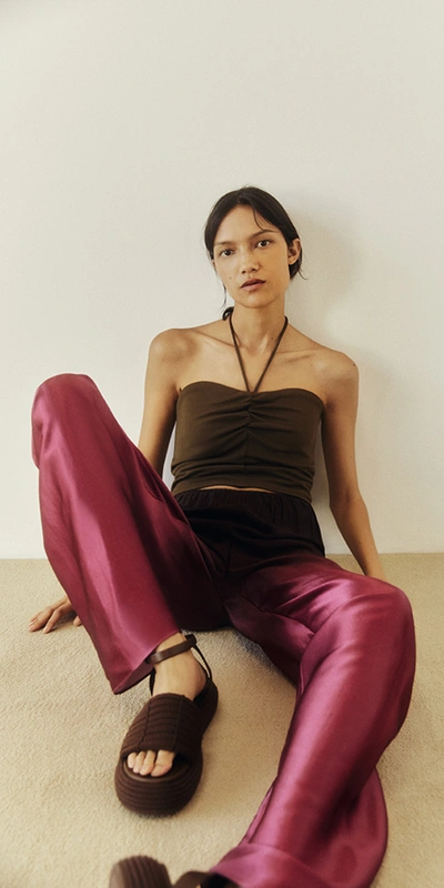 Vince Ombré Printed Satin Pants In Beet/dark Night Fig