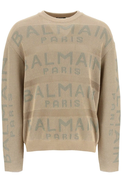 Shop Balmain Oversized Cotton Logo Sweater In Marron Clair Kaki Clair (beige)