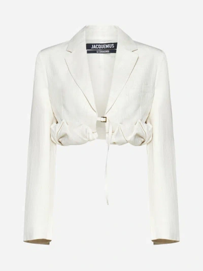 Shop Jacquemus Croissant Linen-blend Cropped Blazer In Off White