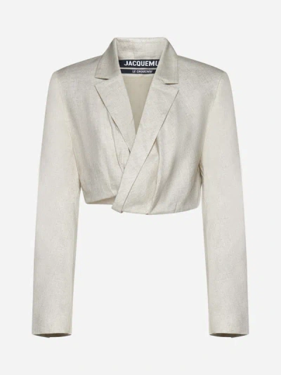 Shop Jacquemus Bahia Viscose And Linen Cropped Blazer In Light Beige
