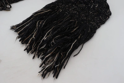 Shop Dolce & Gabbana Wool Knitted Wrap Foulard Fringe Women's Scarf In Black
