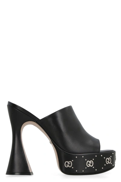 Shop Gucci Slider Leather Platform Sandals In Black