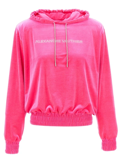 Shop Alexandre Vauthier Sequin Logo Hoodie Sweatshirt Fuchsia