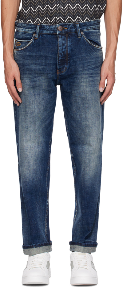 Shop Emporio Armani Navy Button-fly Jeans In Denim Blu Md