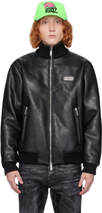 Shop Dsquared2 Black Padded Faux-leather Bomber Jacket In 900 Black