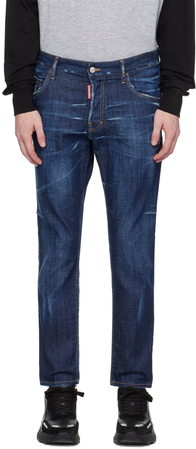 Dsquared2 Blue Jeans With Belt Loops And Logo Patch On The Rear In 470 Navy Blue