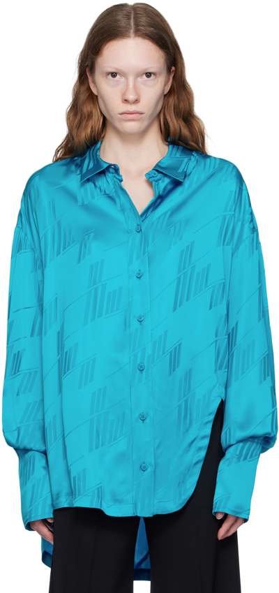 Attico Diana Oversize Split Hem Jacquard Satin Button-up Shirt In 258 Capri Blue