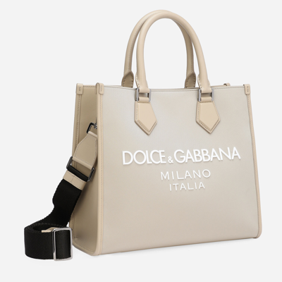 Shop Dolce & Gabbana Small Nylon Shopper With Rubberized Logo In Beige
