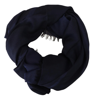 Gf Ferre' Dark Blue Wool Neck Wrap Shawl Fringes Scarf In Blue