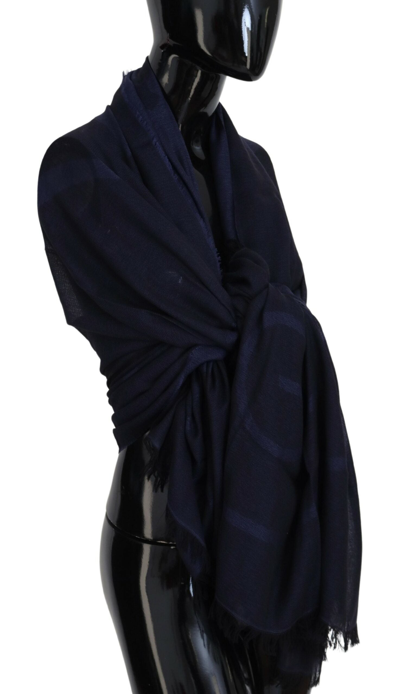 Gf Ferre' Dark Blue Wool Neck Wrap Shawl Fringes Scarf In Blue
