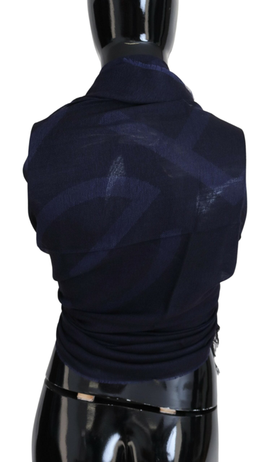 Gf Ferre' Dark Blue Wool Neck Wrap Shawl Fringes Scarf In Blue