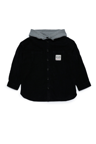 Shop N°21 Velvet Overshirt With Cotton Hood In Black