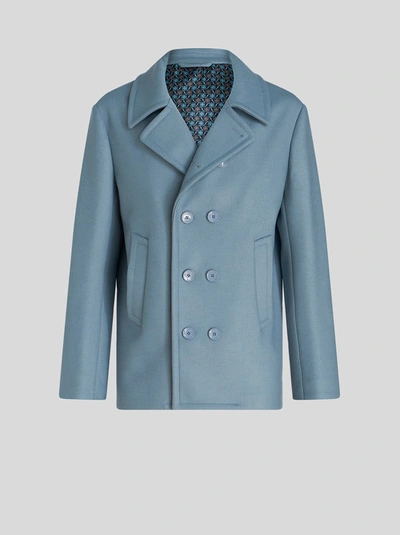Shop Etro Double-breasted Wool Fabric Jacket In Light Blue