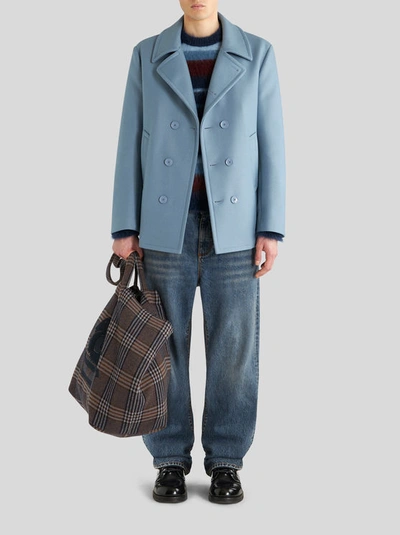 Shop Etro Double-breasted Wool Fabric Jacket In Light Blue