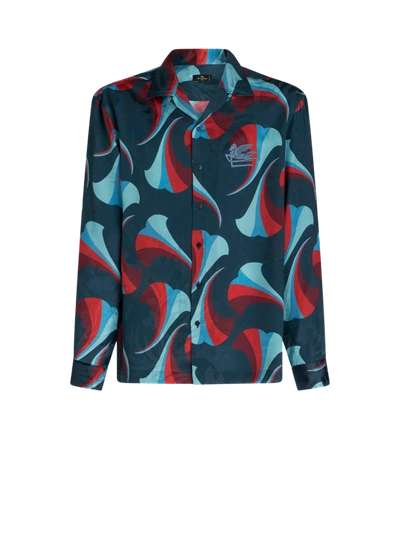 Shop Etro Silk Bowling Shirt With Floral Print In Navy Blue